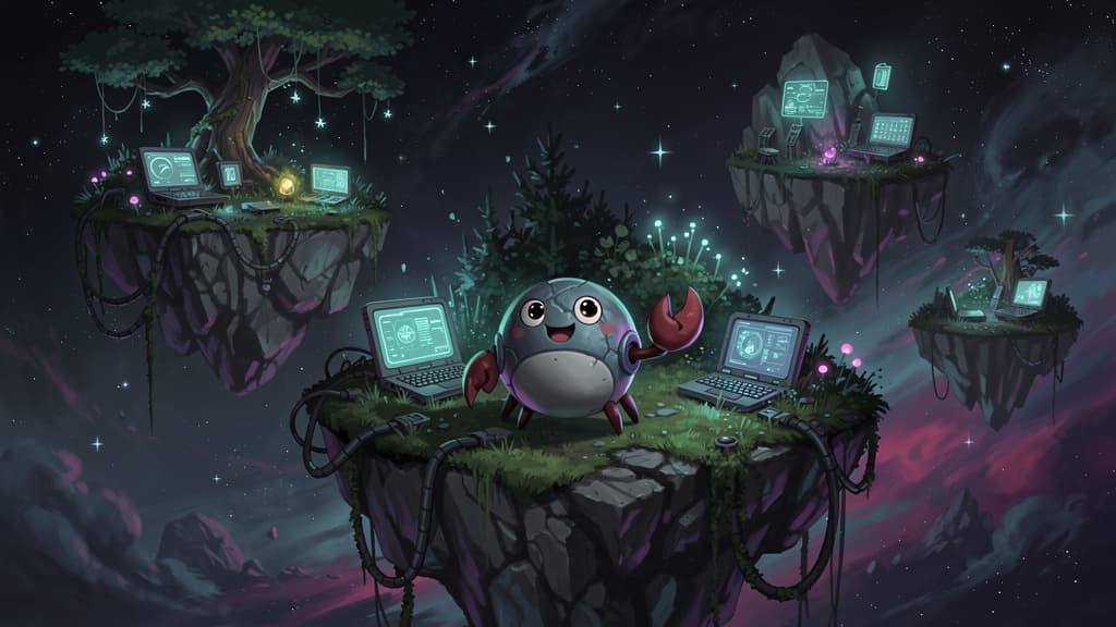 Whimsical floating islands with agents at work